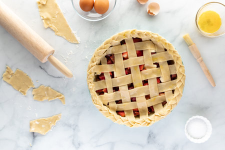 Top down view of a prepared strawberry rhubarb pie ready to go into the oven.