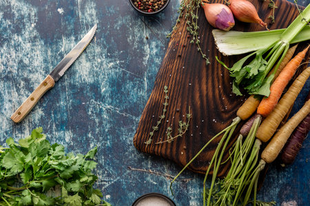 Top down view of herbs and vegetables used to prepare mirepoix.の写真素材