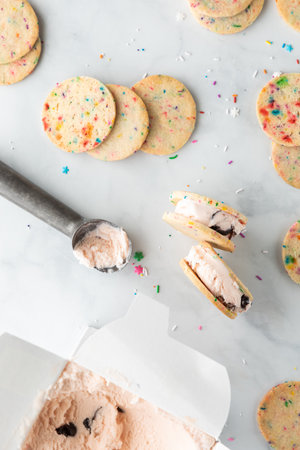 Top down view of making homemade ice cream sandwiches.の写真素材