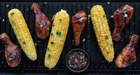 Top down view of barbecue chicken legs and corn on the cob on a grill pan topped with green onion...