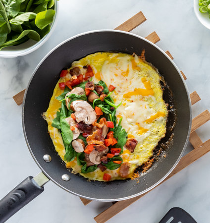Top down look into a fry pan with the ingredients of the inside of an omelette right before folding.