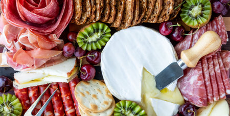 Top down view of various meats and cheeses, ready for snacking.