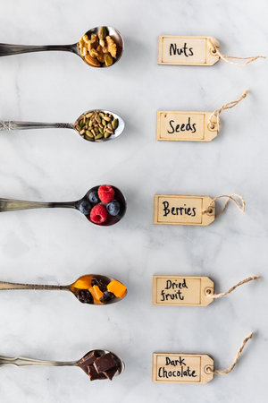 Top down view of various ingredients on spoons commonly used for smoothie bowls.の写真素材