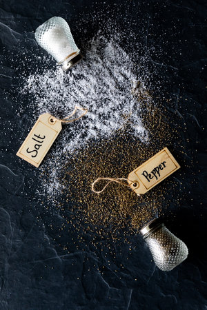 Top down view of tipped over salt and pepper shakers with salt and pepper spilled out onto a black...