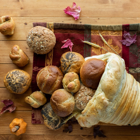 Buns and rolls spilling out of a homemade cornucopia made of bread.