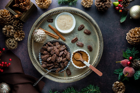 A bowl of candied pecans surrounded by ingredients and Christmas decorations.