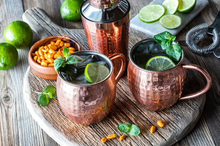 Moscow Mule cocktails garnished with mint and lime and served with peanuts.の写真素材