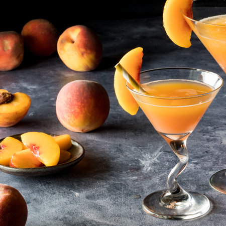 Peach Bellinis garnished with peach slices, against a dark background.の写真素材