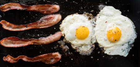 Narrow view of bacon and eggs frying on a cast iron griddle pan.の写真素材