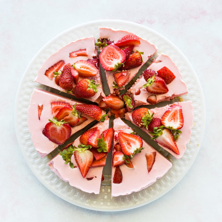 A fully sliced strawberry cheesecake taken from above.
