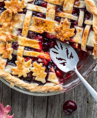 Fresh baked autumn themed lattice cherry pie with server and one slice removed.の写真素材