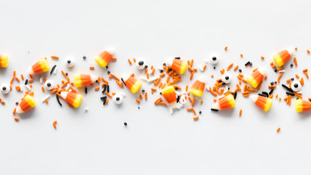 Candy corn, eyeballs and Halloween sprinkles, against a white background.の写真素材