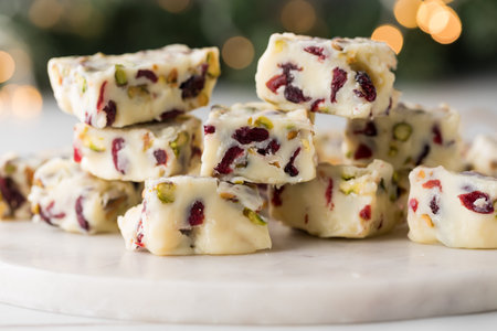 A platter of white chocolate cranberry and pistachio fudge for the holidays.の写真素材