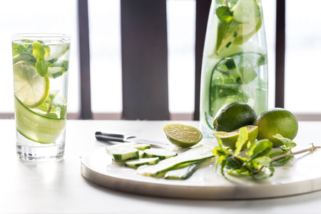 Refreshing cucumber water with bright sunlight coming in from behind.の写真素材