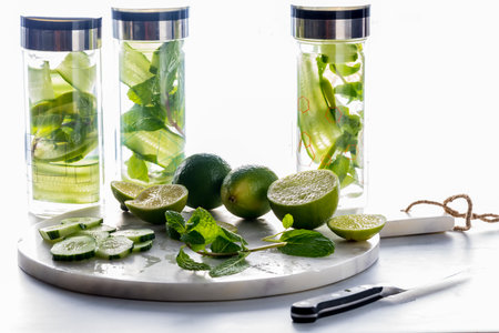 Glass bottles of cucumber water with ingredients on a marble slab in front.の写真素材