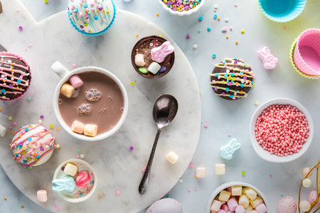 Above view of a mug of hot chocolate surrounded by hot cocoa bombs and sprinkles