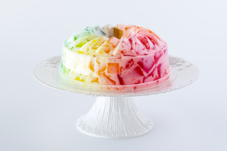 A fruit flavoured, rainbow coloured jelly mold on a pedestal stand.の写真素材