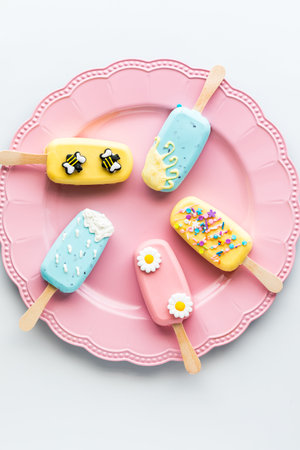 Top down view of a pink platter of colourful cakesicles decorated for Spring.の写真素材