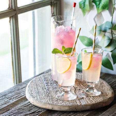 Cold and refreshing glasses of lemonade with pink lemonade ice cubes.の写真素材