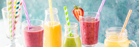 Fresh fruit smoothies with colourful straws ready for drinking.の写真素材