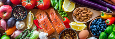 A narrow view of assorted healthy foods including fish, fruits and vegetables.
