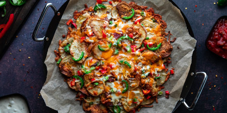 A narrow view of a platter of cactus cut nachos, hot out of the oven.の写真素材