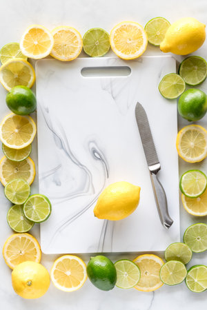 A cutting board surrounded by lemon and lime slices.