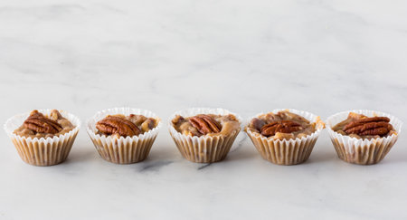 Sweet and salty caramel pecan tartlets all in a line against a light background.の写真素材