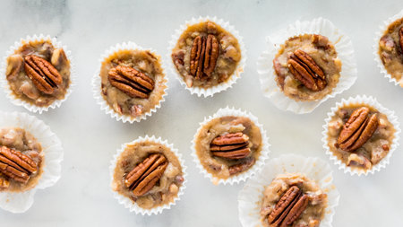 A top down close up view of several salted caramel pecan tartlets in a row.の写真素材