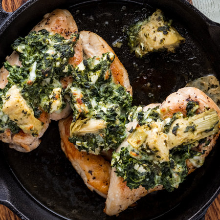 Creamy spinach and artichoke chicken breasts in a cast iron frying pan.の写真素材