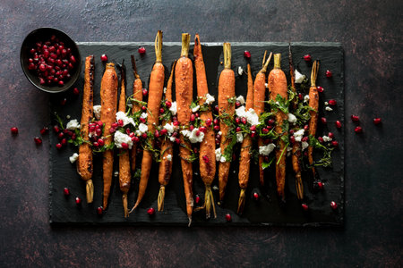 A black slate board of roasted carrots topped with pomegranate, herbs and cheeseの写真素材