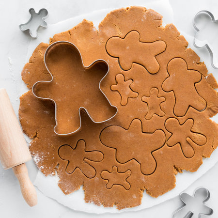 Gingerbread dough being cut into gingerbread men with cookie cutters.