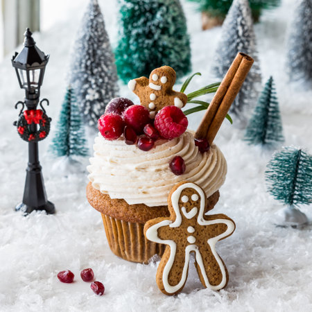A delicious gingerbread cupcake with gingerbread cookies and berries.の写真素材