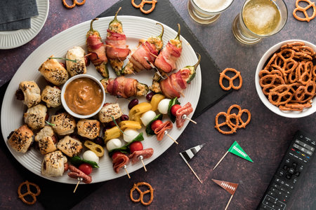 Top down view of an assortment of game day appetizers, ready for sharing.の写真素材