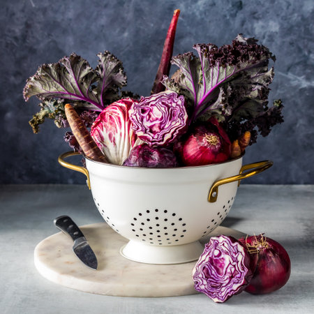 An assortment of red and purple vegetables in a colander on a marble slab.の写真素材