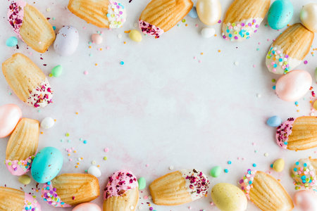 A border of decorated French Madeleines with pastel Easter eggs.