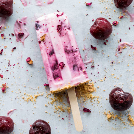 A homemade cherry yogurt ice cream with ingredients scattered around.