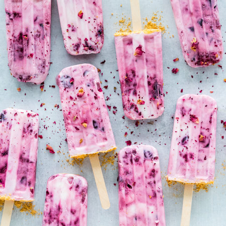 Cherry yogurt pops sprinkled with rose petal pieces.