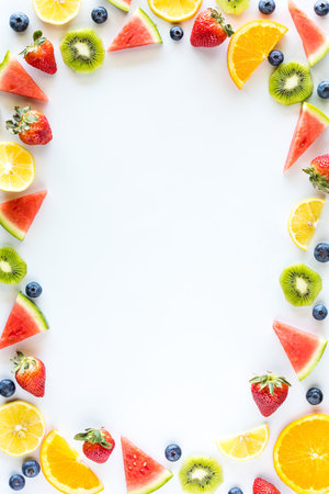 A border frame of various pieces of fruit with copy space in the middle.