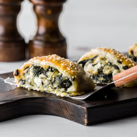 Freshly baked spinach and feta pastries on a wooden board, ready for serving.の写真素材