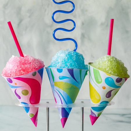 Colourful assorted snow cones against a light background.の写真素材