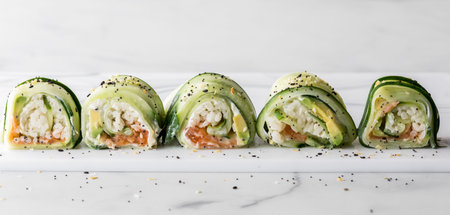 A row of homemade cucumber sushi rolls on a white cutting board.の写真素材