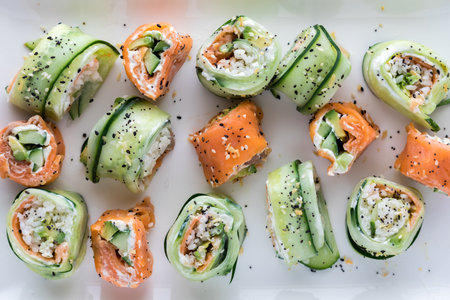 Homemade cucumber sushi and smoked salmon rolls with everything bagel seasoning.の写真素材