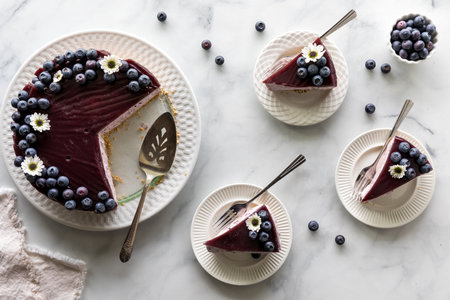 A blueberry cheesecake with serving slices to the side, ready for eating.の写真素材