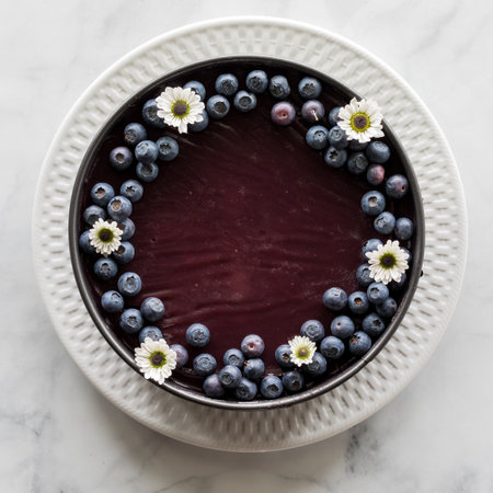 A homemade blueberry cheesecake topped with blueberries and flower blossoms.の写真素材