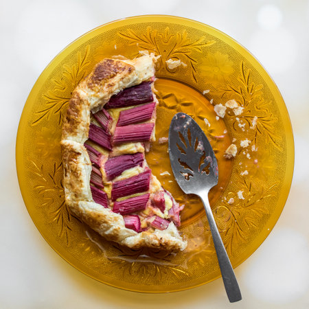 Remaining half of a rhubarb custard galette on a golden glass plate.の写真素材