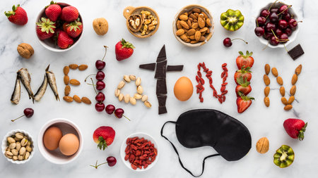 A flat lay concept image using foods high in melatonin for healthy sleep.の写真素材
