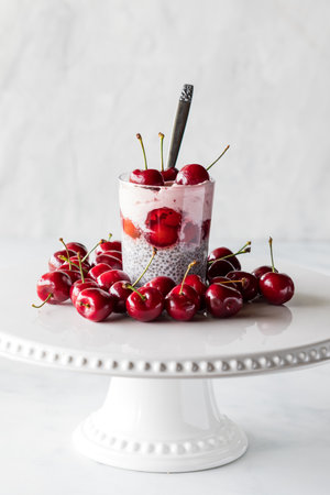 A light and refreshing cherry chia pudding surrounded by fresh cherries.の写真素材