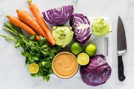 A variety of fresh vegetables used to make a kohlrabi and cabbage salad.の写真素材