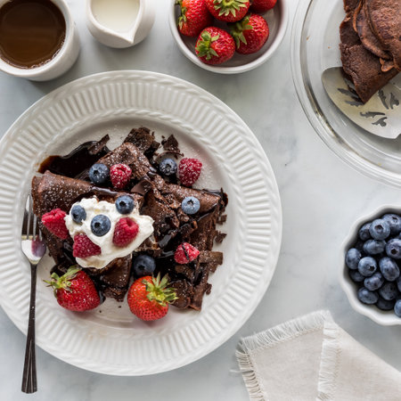Chocolate crepes topped with whipped cream and berries, ready for eating.の写真素材